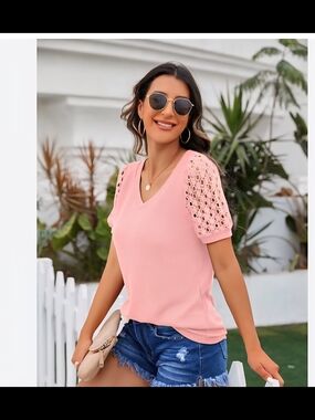 2 Blue And Pink Crochet Sleeve V-Neck Top